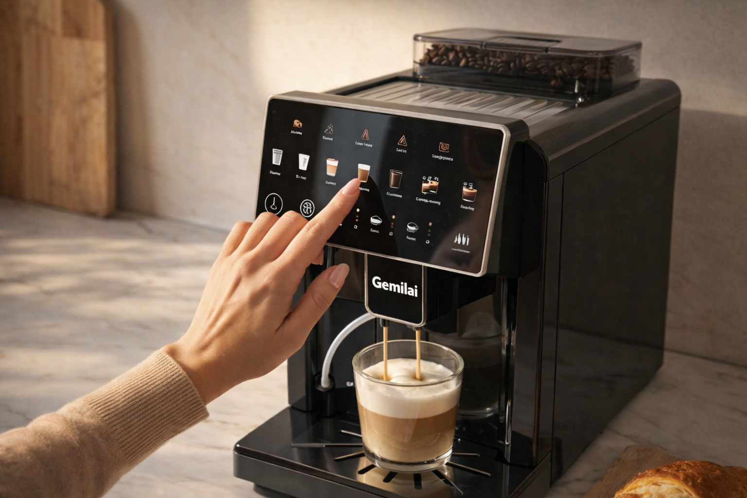Thao tác bấm nút pha cà phê 1 chạm đơn giản trên Office Pro 2